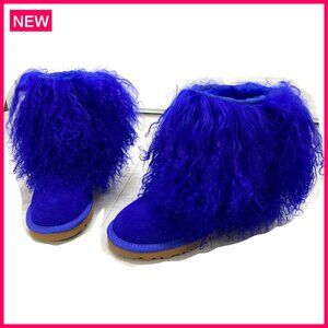 Women's Mid-Calf Real Mongolian Sheep Fur Snow Boots, Flat Heel, Slip-On